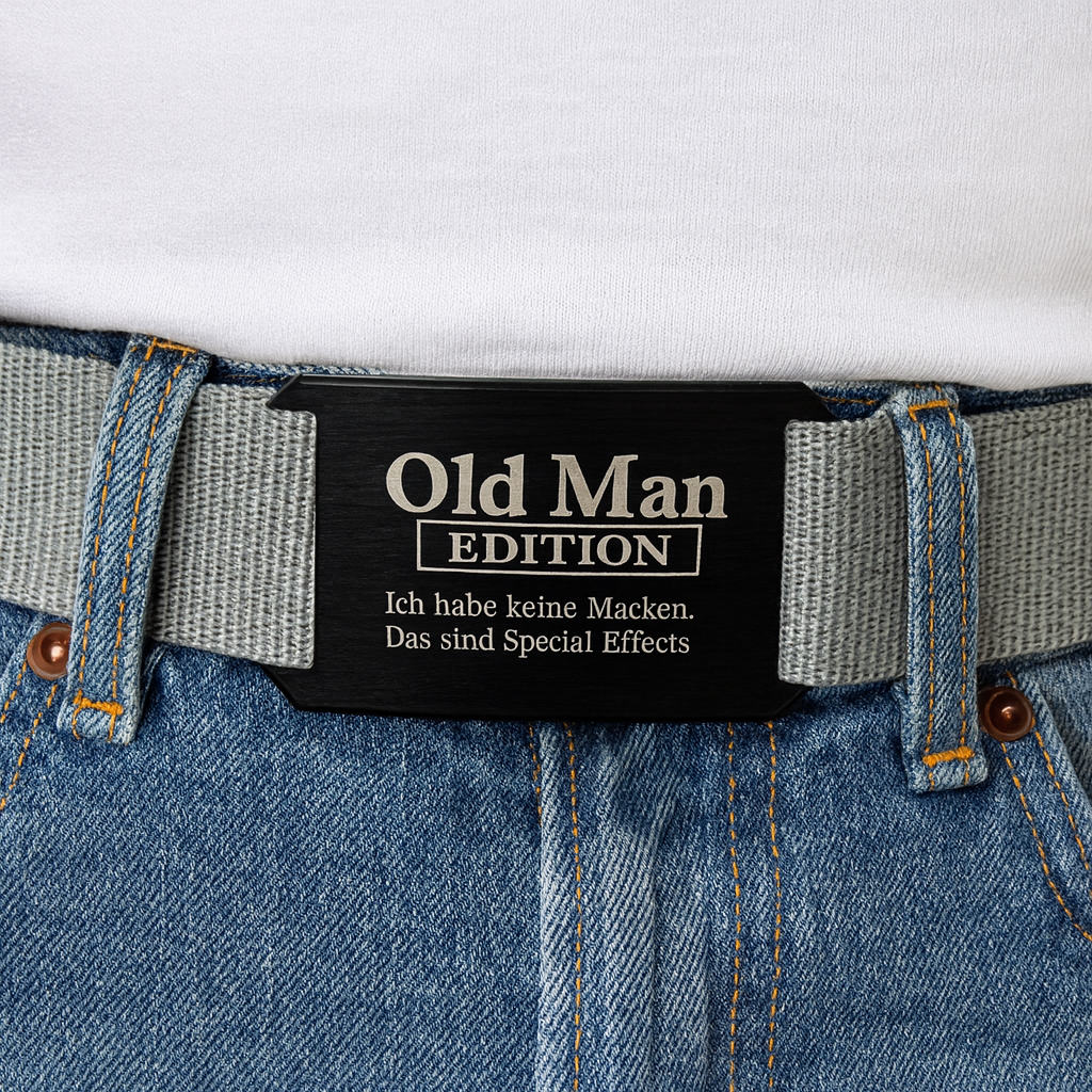 CRIOS Logo Old Man Gürtel Aluminium Schnalle Schwarz und Gurt Grau
