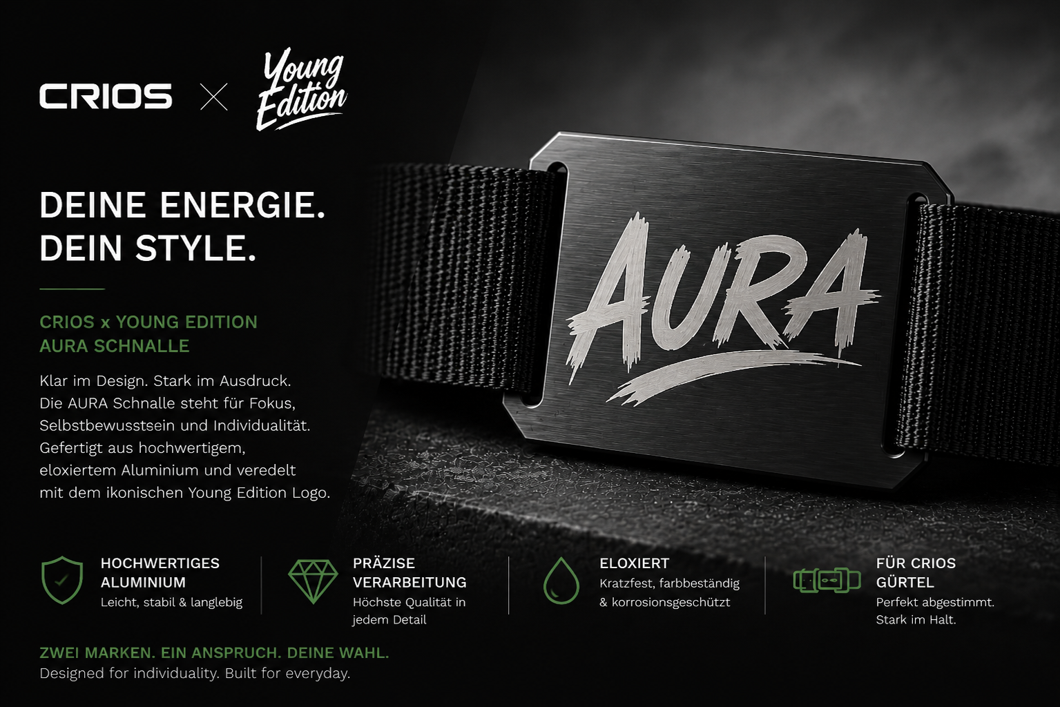 CRIOS Branding Belt Young Edition AURA Schnalle – moderne Jugendgürtelschnalle mit gravierter Schnalle | Individuell gestaltbar verschiedene Farben