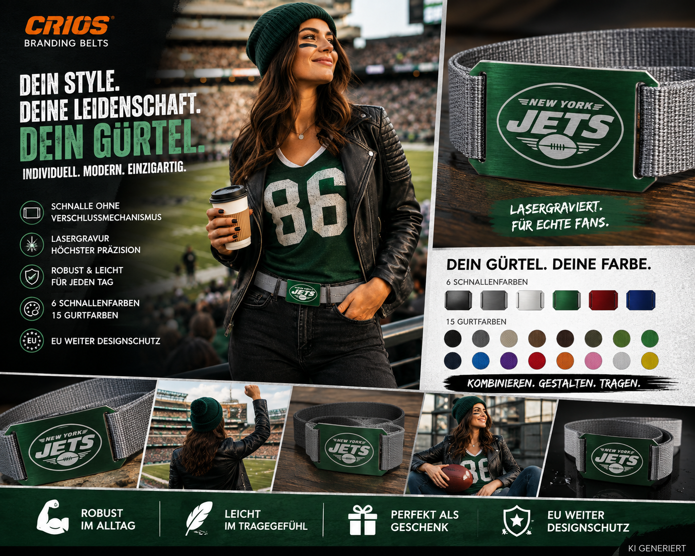 Football Fan Gürtel im New York Style – Grüne Schnalle mit Lasergravur | Gurt Grau | Alu Crios Branding Belts