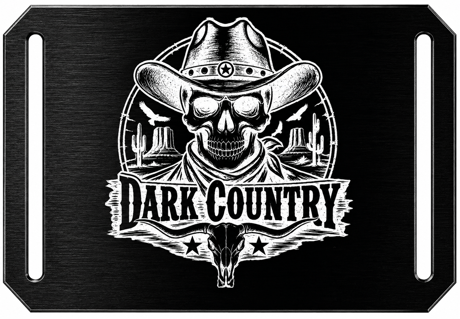 Crios Dark Country Schnalle – schwarze Aluminiumschnalle mit Dark Country Music Motiven