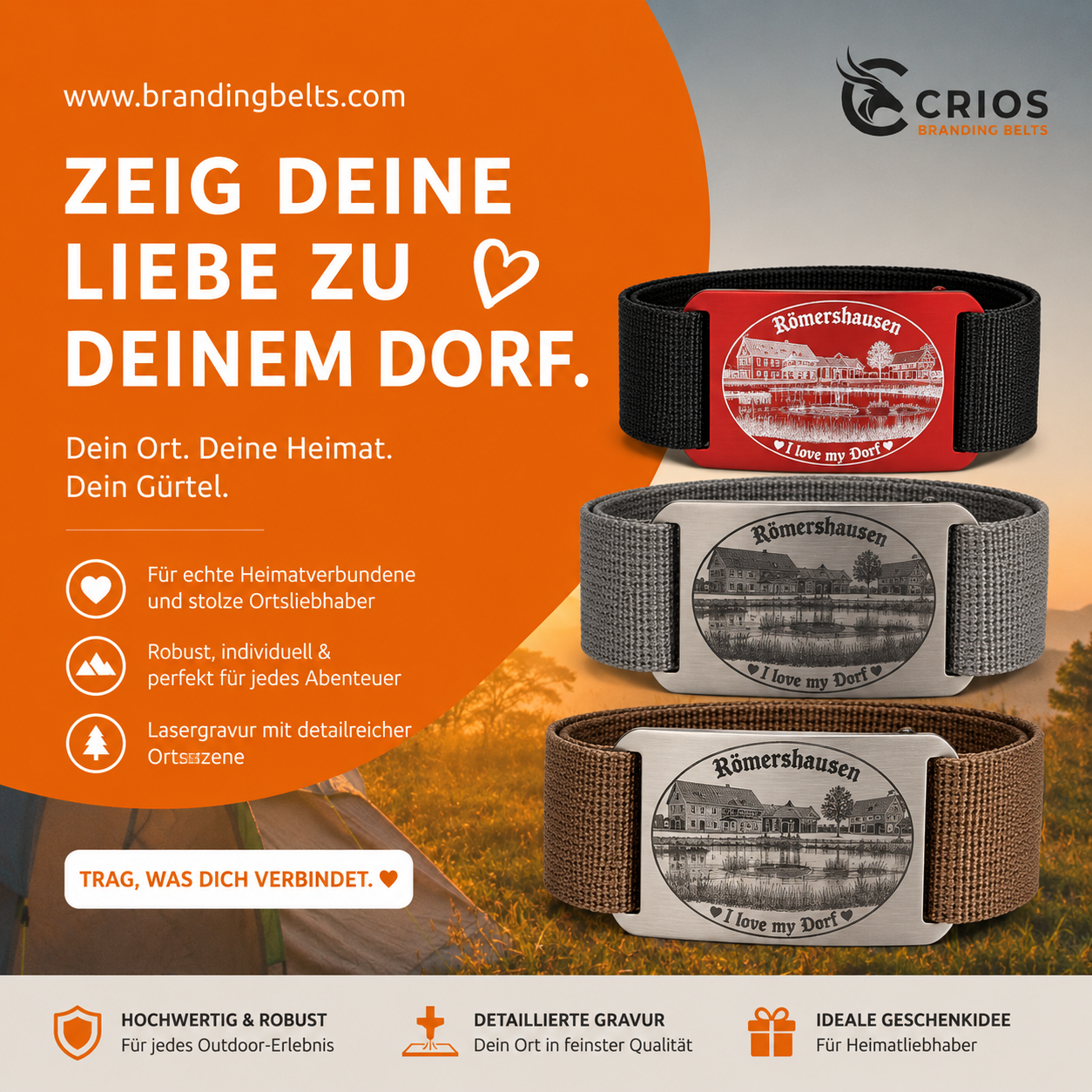 CRIOS Branding Belt Unisex Alu Schnalle wähle Dein Dorf / Deine Stadt Aluminium