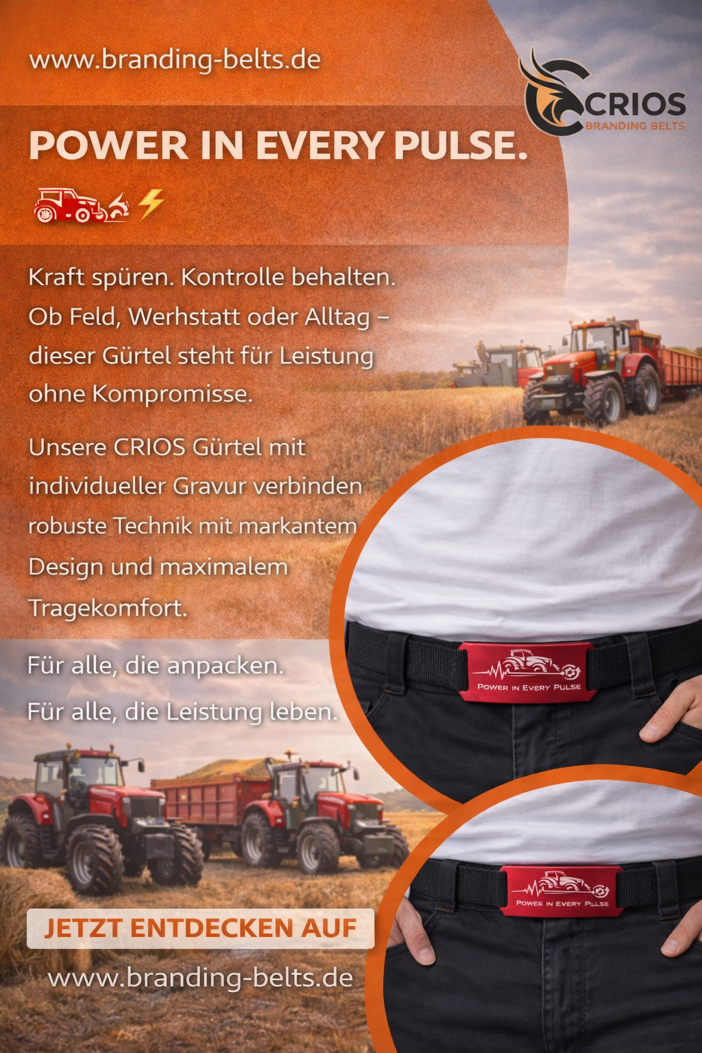 CRIOS Premium Arbeitsgürtel mit gravierter Metallschnalle Power in Every Pulse Aluminium