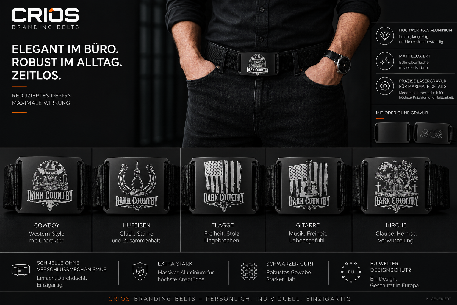Crios Dark Country Schnalle – schwarze Aluminiumschnalle mit Dark Country Music Motiven