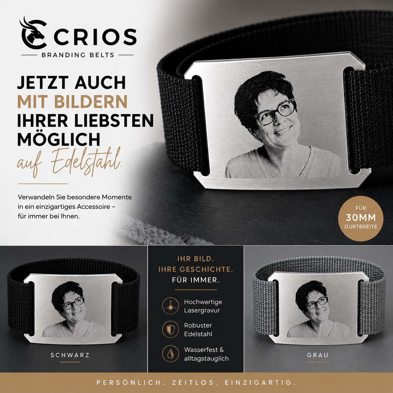 Personalisierte Edelstahlschnalle Gurt 30 mm mit Fotogravur | Wunschbild | CRIOS