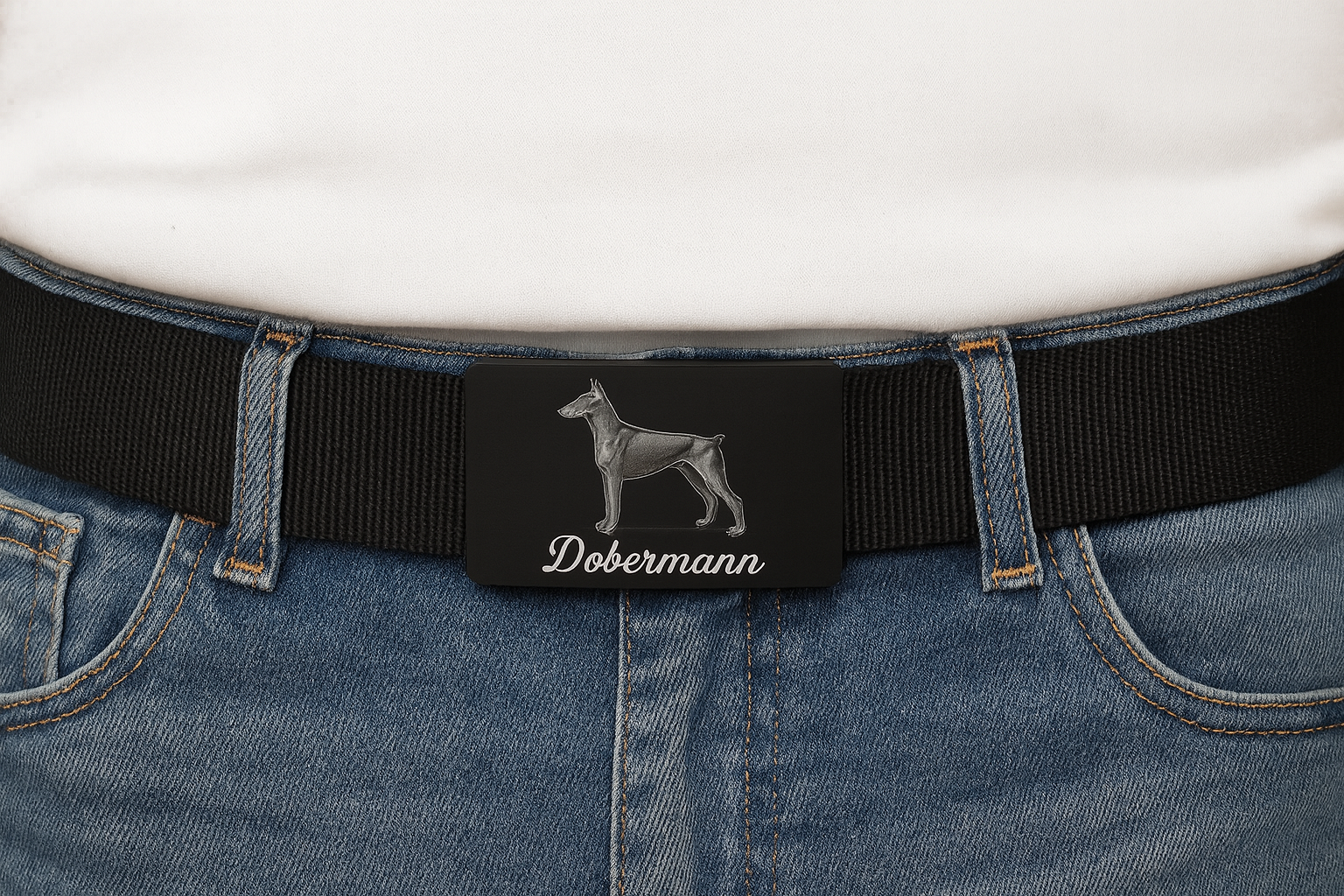 CRIOS Logo Dobermann Gürtel Aluminium Schnalle Schwarz und Gurt Schwarz