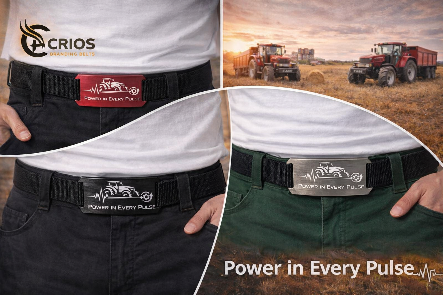 CRIOS Premium Arbeitsgürtel mit gravierter Metallschnalle Power in Every Pulse Aluminium