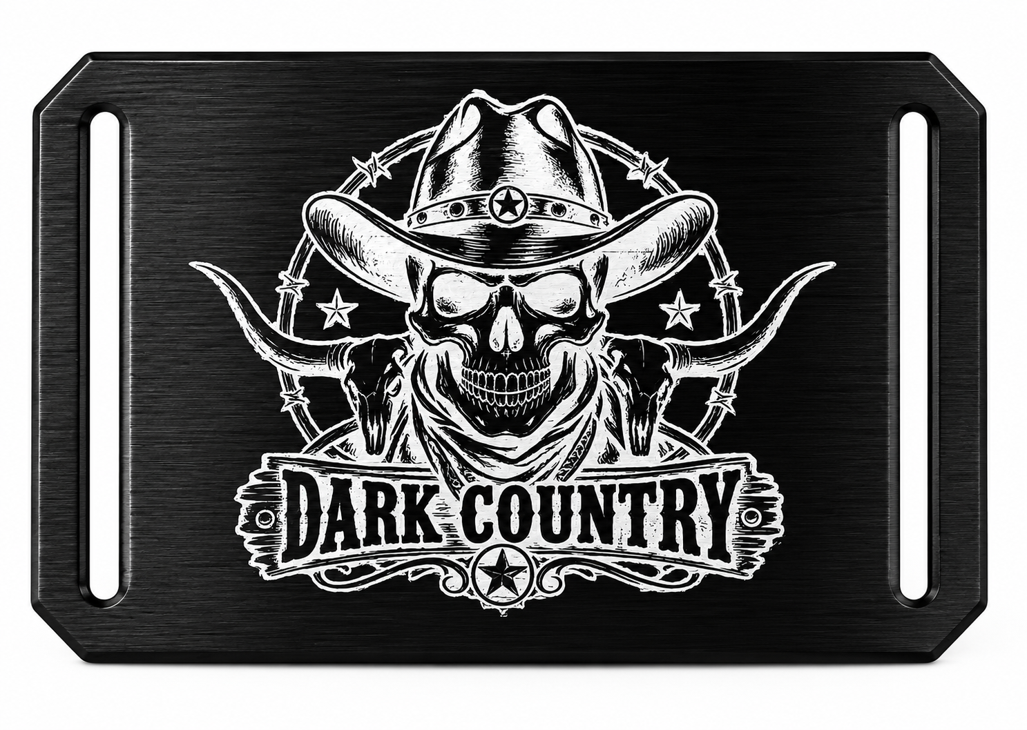 Crios Dark Country Gürtel DC 5 – schwarze Aluminiumschnalle mit Dark Country Music Motiven Schnalle mit Lasergravur | Gurt Schwarz | Alu Crios Branding Belts